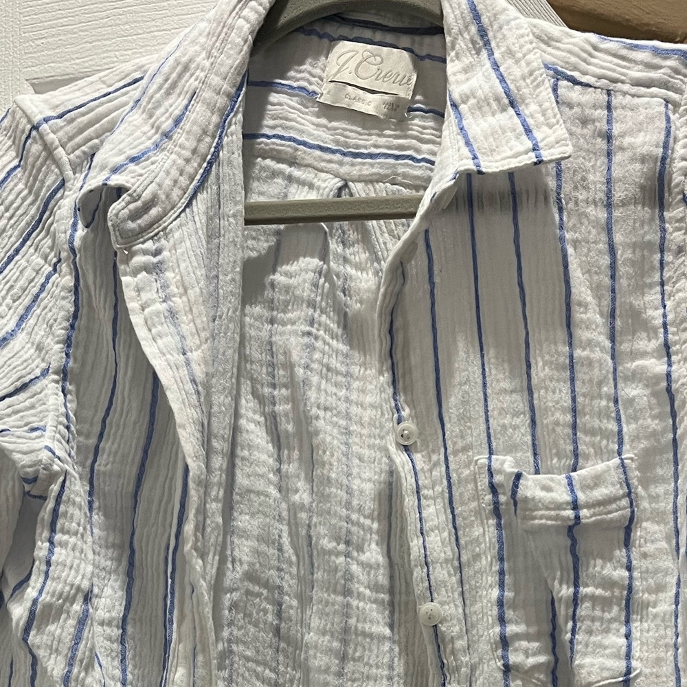 J.Crew Classic-Fit Soft Gauze Crinkle Button Down Shirt White/Blue Stripe Size 8